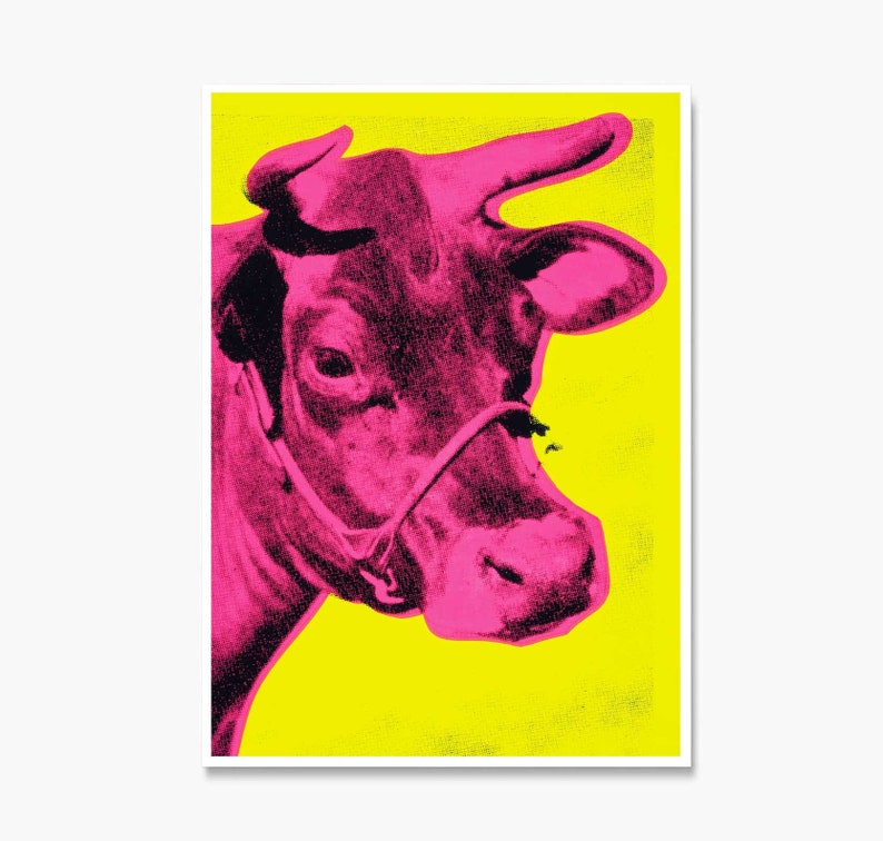 Andy Warhol Cow Print, Andy Warhol Cow Poster, Warhol Magenta Cow Wall Art, Pink and Yellow Cow Warhol, Cow Wall Art, Cow Prints, Cow Poster image 3