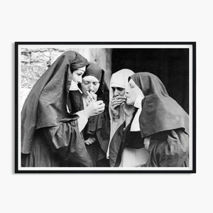 Smoking Nuns Poster, Smoking Nuns Print, Smoking Nun Wall Art, 1950's photos, Cigarette Art, Vintage Photography, Black and White Wall Art image 1