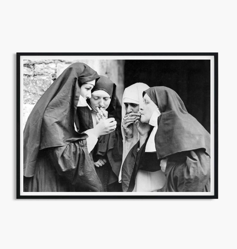 Smoking Nuns Poster, Smoking Nuns Print, Smoking Nun Wall Art, 1950's photos, Cigarette Art, Vintage Photography, Black and White Wall Art image 1