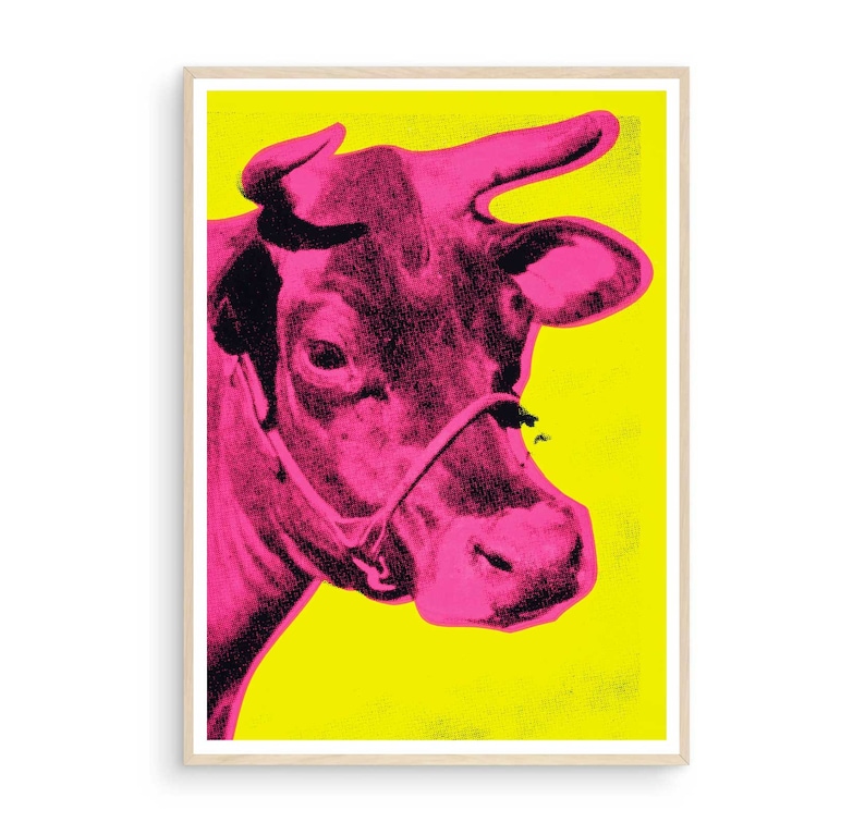 Andy Warhol Cow Print, Andy Warhol Cow Poster, Warhol Magenta Cow Wall Art, Pink and Yellow Cow Warhol, Cow Wall Art, Cow Prints, Cow Poster image 2