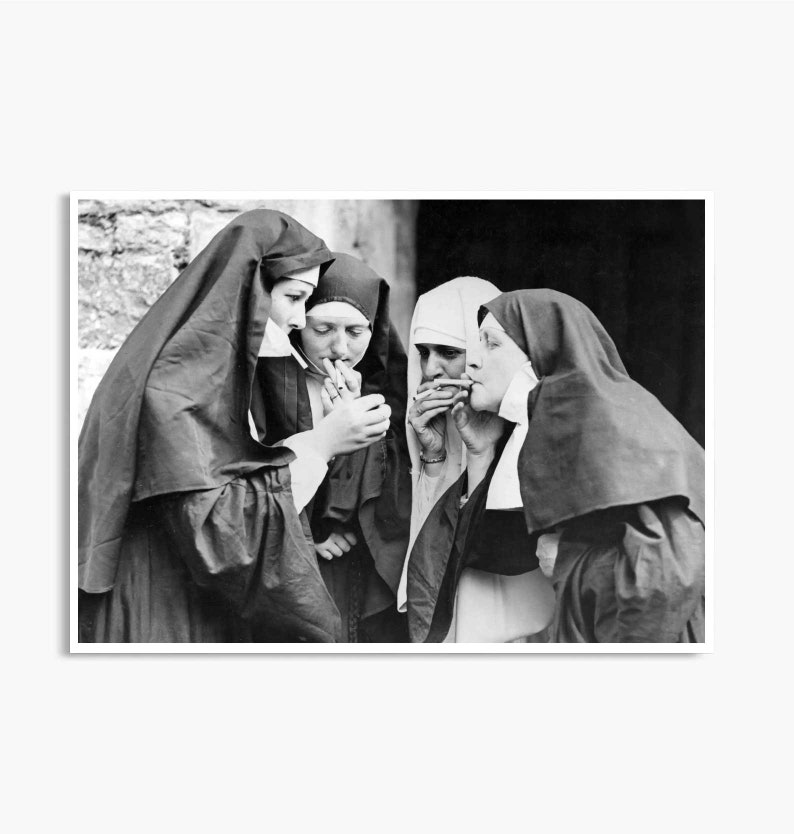 Smoking Nuns Poster, Smoking Nuns Print, Smoking Nun Wall Art, 1950's photos, Cigarette Art, Vintage Photography, Black and White Wall Art image 2