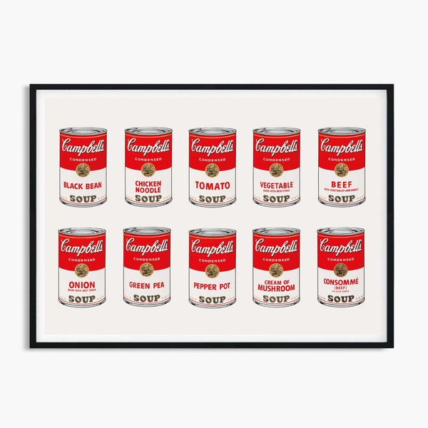 Affiche de soupe à la tomate Andy Warhol, Affiche de soupe Andy Warhol Campbells, Impression de soupe au poulet Warhol, Art mural de soupe Warhol Campbells, 10 boîtes de soupe