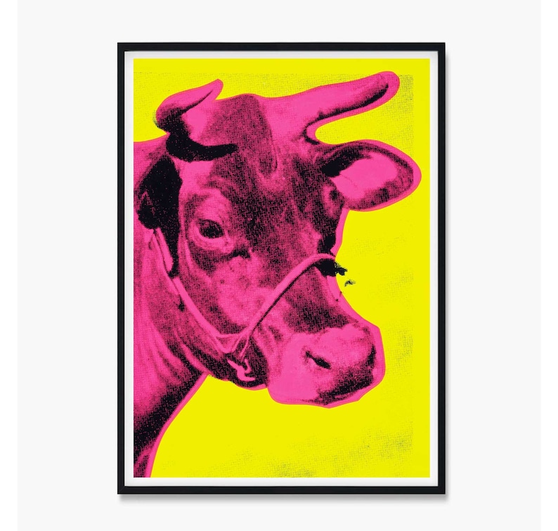 Andy Warhol Cow Print, Andy Warhol Cow Poster, Warhol Magenta Cow Wall Art, Pink and Yellow Cow Warhol, Cow Wall Art, Cow Prints, Cow Poster image 1