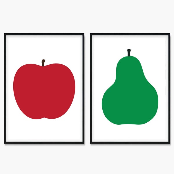 Set of 2 -Red Apple and Green Pear Set of Prints, Red Apple Art Print Poster, Green Pear Art Print Poster, Apple Wall Art, Kitchen Wall Art