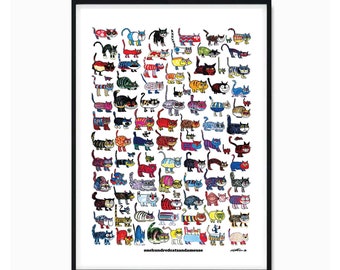 One Hundred Cats and a Mouse Poster by Vittorio Fiorucci with title , 100 Cats and a Mouse Print, 100 Cats Poster, Vittorio Cat Poster Art