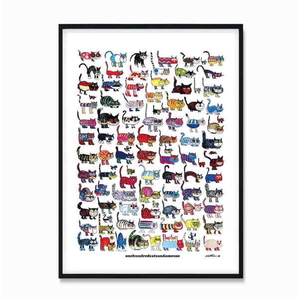 One Hundred Cats and a Mouse Poster von Vittorio Fiorucci mit Titel , 100 Cats and a Mouse Print, 100 Katzen Poster, Vittorio Cat Poster Art