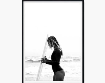 Surfer Girl Print, Surfboard Wall Art, Beach Babe Wall Art, Palm Trees Wall Art, Surfing Print, Ocean Print, Ocean Wall Art Coastal Wall Art