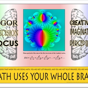 May include: A poster with a central colorful mathematical image, flanked by brain illustrations and text. The left side reads "Rigor, Precision, Focus," while the right says "Creativity, Imagination, Perception." The bottom text states "Math Uses Your Whole Brain."
