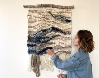 handwoven wall hanging fiber art yarn textile art ocean inspired wall hanging handwoven tapestry all natural large scale art