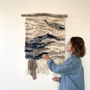 handwoven wall hanging fiber art yarn textile art ocean inspired wall hanging handwoven tapestry all natural large scale art image 1