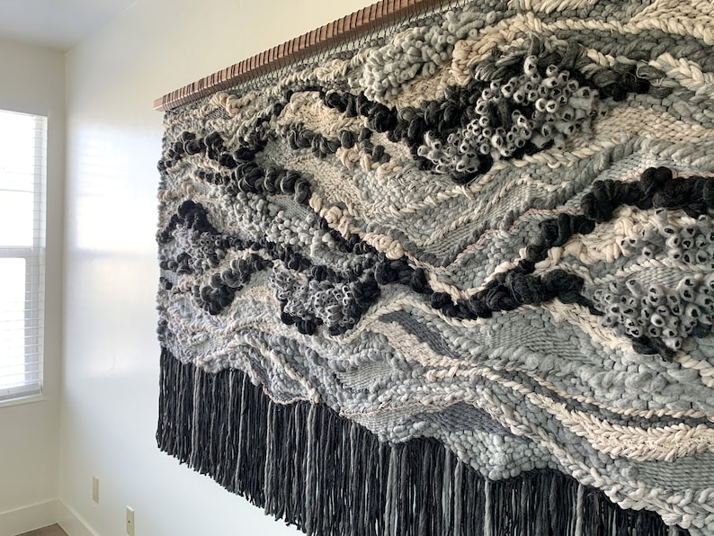 black and grey wall art fiber wall hanging fiber art textile wall art wall textural art modern bedroom woven art handwoven wall hangings image 2