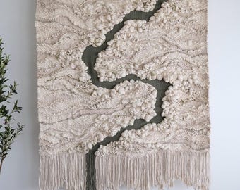 ［NEW］ハンドメイド 羊毛Tapestry Light gray×White Large Woven Fiber Art Tapestry: Beige, Green, River Design - Etsy