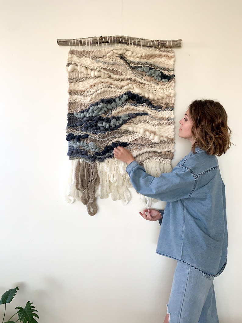 handwoven wall hanging fiber art yarn textile art ocean inspired wall hanging handwoven tapestry all natural large scale art image 1