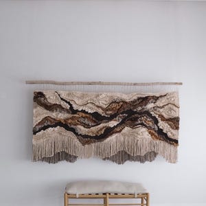 Handwoven Fiber Art Tapestry, Hemp Silk Cotton, Eucalyptus Branch