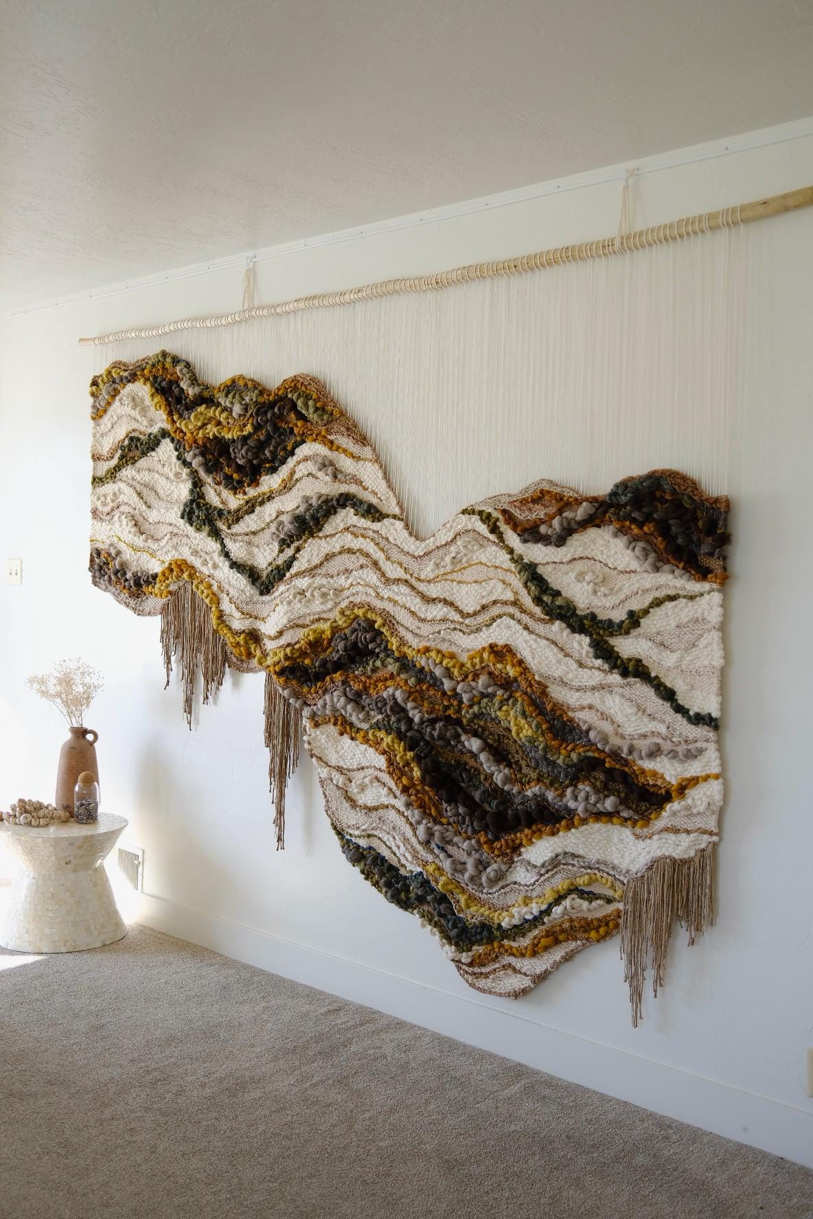 小物入れ 70s Weaving Textile Wall Art Large Scale Woven Fiber Art Tapestry: Organic Shape Wall Sculpture