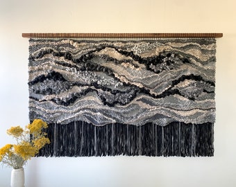 black and grey wall art fiber wall hanging fiber art textile wall art wall textural art modern bedroom woven art handwoven wall hangings