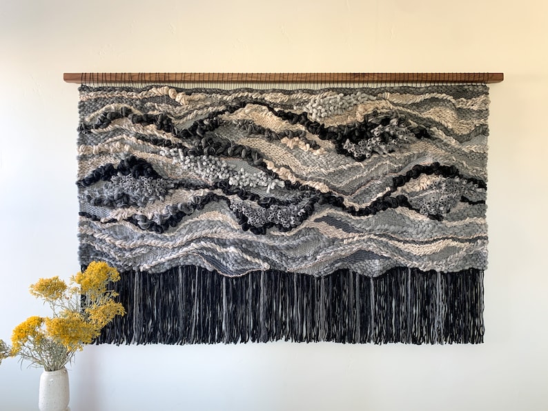 black and grey wall art fiber wall hanging fiber art textile wall art wall textural art modern bedroom woven art handwoven wall hangings image 1