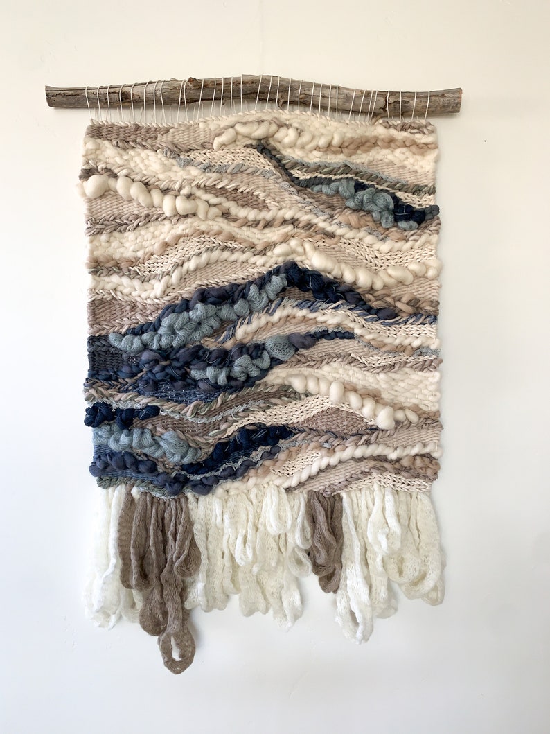 handwoven wall hanging fiber art yarn textile art ocean inspired wall hanging handwoven tapestry all natural large scale art image 2