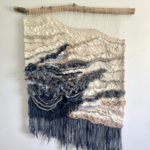 ocean wall hanging gray blue weaving woven art contemporary wall art 3D wall art textile fiber art tapestry woven weavings bohemian