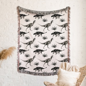 Dinosaur Throw Blanket, Woven Cotton Throw Birthday Gift Black & White Decor Kids Teen Bedroom Cute Animals Print Triceratops Brontosaurus