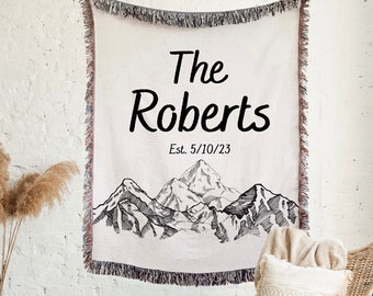 CUSTOM COTTON BLANKET For Couple, Mountains Couples Last Name Throw Second Cotton Anniversary Gift Wife Nature Wedding Outdoors Birthday