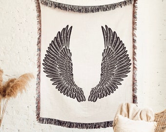 Angel Wings Woven Throw Blanket, Moon Phases Mystical Wings Throw Blanket Boho Home Decor Bed Throw Floral Woven Throw Cotton Anniversary