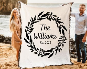 LAST NAME Cotton Anniversary Gift, Personalized Wedding Gift Couples Names Second Anniversary Gift Couples Initials Woven Throw Blanket