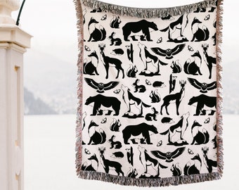 Cute Woodland Animals Throw Blanket Woven Cotton Throw For Sofa Black & White Kids Teen Bedroom Animal Print Forest Bunnies Birthday Gift