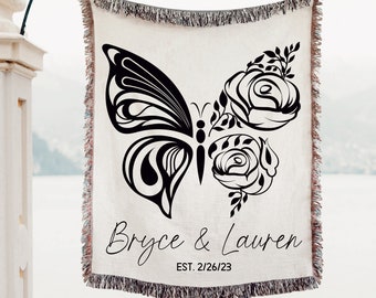 Personalized BUTTERFLY & ROSE Throw Blanket Cotton Anniversary Gift for Couples Names Wedding Gift for Couple Girlfriend for Boyfriend