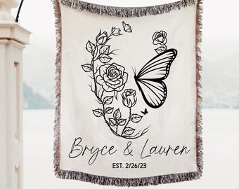 Personalized BUTTERFLY & ROSE Throw Blanket Cotton Anniversary Gift for Couples Names Wedding Gift for Couple Girlfriend for Boyfriend