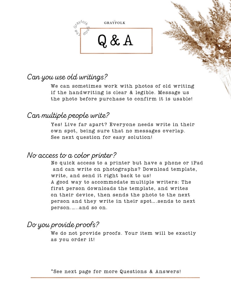 K&ouml;nnte beinhalten: Eine wei&szlig;e Seite mit dem Text "Q & A" in einem braunen rechteckigen Feld. Die Seite enth&auml;lt Fragen und Antworten zur Verwendung alter Schriften, mehrerer Autoren, Farbdrucker und Proofs. Das Logo des Grayfolk-Shops befindet sich oben.