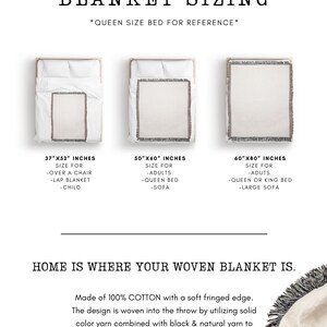 May include: A guide to woven blanket sizing with three different sizes shown on a queen-sized bed. The sizes are 37" x 52", 50" x 60", and 60" x 80". The text says "Home is where your woven blanket is." and "Made of 100% COTTON with a soft fringed edge. The design is woven into the throw by utilizing solid color yarn combined with black & natural yarn to achieve the design and details of your blanket. (no dyes or inks)"