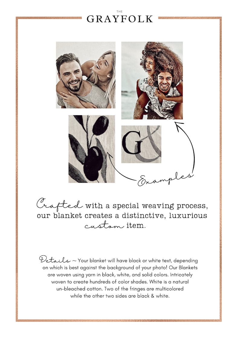 May include: The Grayfolk custom blanket features a woven design with examples of olive branches and the letter "G". The blanket is crafted with a special weaving process, creating a distinctive, luxurious custom item.