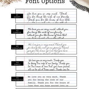 K&ouml;nnte beinhalten: Bild mit sechs Schriftoptionen: Script, Cursive, Signature, Simple, Typewriter und Print. Jede Schriftart zeigt denselben Text: "Wir lieben euch so sehr. Danke, dass ihr der Fels unserer Familie seid."