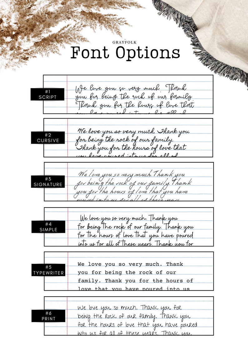 K&ouml;nnte beinhalten: Bild mit sechs Schriftoptionen: Script, Cursive, Signature, Simple, Typewriter und Print. Jede Schriftart zeigt denselben Text: "Wir lieben euch so sehr. Danke, dass ihr der Fels unserer Familie seid."