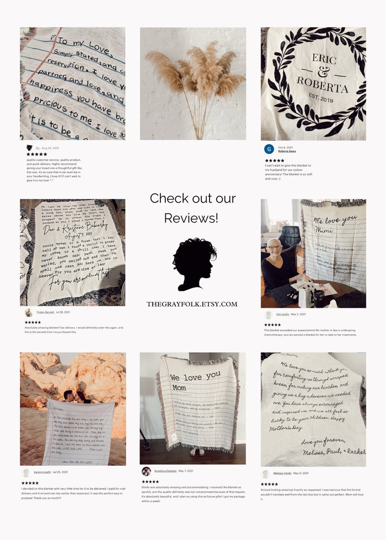 May include: A collection of personalized blankets with handwritten text, including phrases like "To My Love" and "We love you Mom." The blankets are cream-colored with black text and fringe.