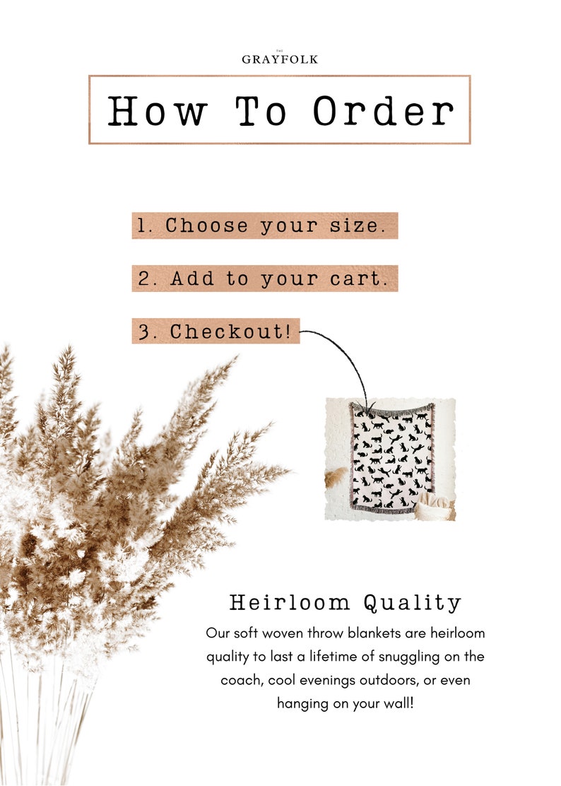 Pode incluir: Como encomendar um cobertor: escolha o seu tamanho, adicione ao carrinho e fa&ccedil;a o checkout. A imagem mostra um cobertor preto e branco com um padr&atilde;o de gato. O texto "Heirloom Quality" est&aacute; abaixo da imagem e descreve o cobertor como macio e tecido.