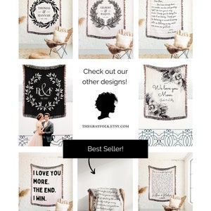 May include: A collage of nine images showcasing various personalized woven throw blankets. The blankets feature different designs, including floral patterns, wreaths, and handwritten messages. The blankets are displayed on chairs and in a room setting.
