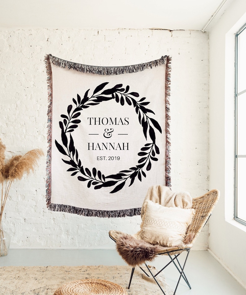 PERSONALIZED WOVEN THROW Cotton Anniversary Gift Couples Names Wedding Gift Engagement Couples Initials Valentines Day Blanket Girlfriend image 1