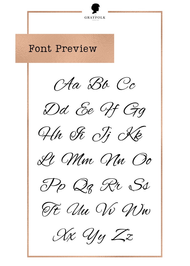 May include: Font preview displaying the alphabet in a cursive script. The letters are written in black ink on a white background.