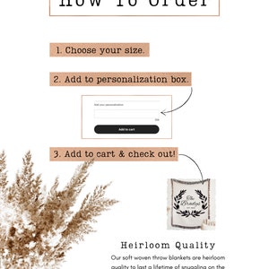 May include: Instructions on how to order a personalised throw blanket. The image shows a text box for adding personalisation, a button to add to cart, and a white throw blanket with a black wreath and the text "The Bradys Est. 2022".