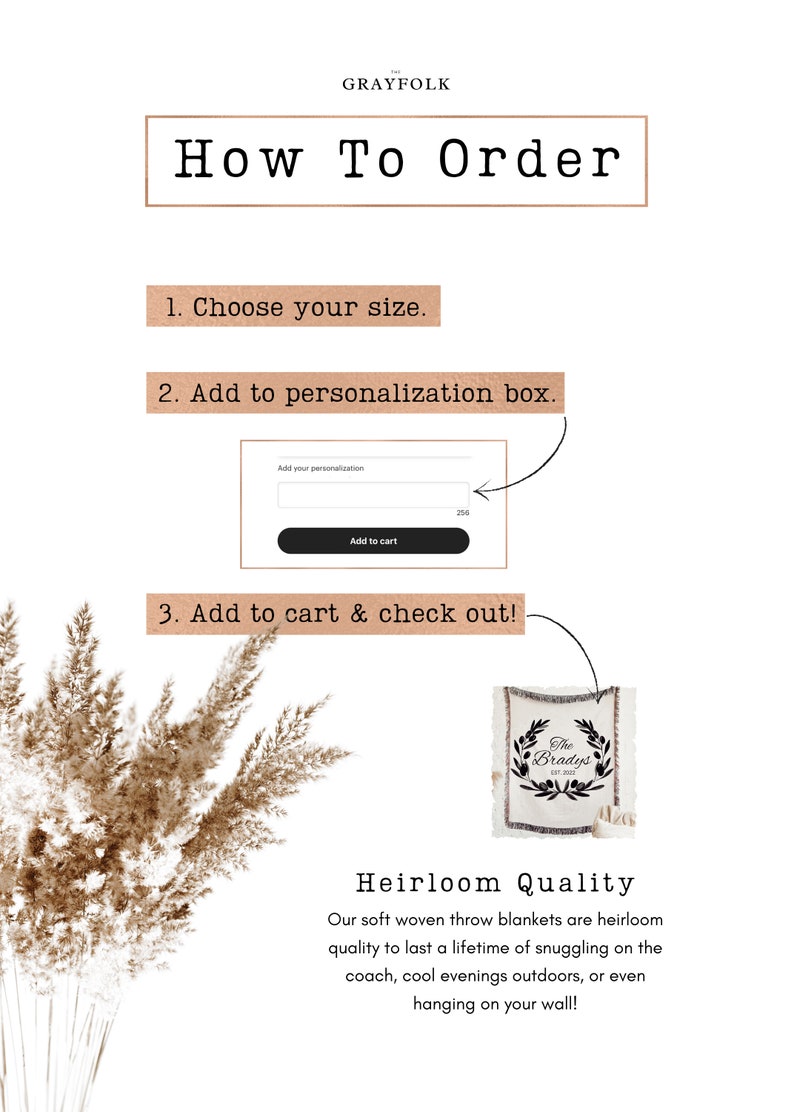May include: Instructions on how to order a personalised throw blanket. The image shows a text box for adding personalisation, a button to add to cart, and a white throw blanket with a black wreath and the text "The Bradys Est. 2022".