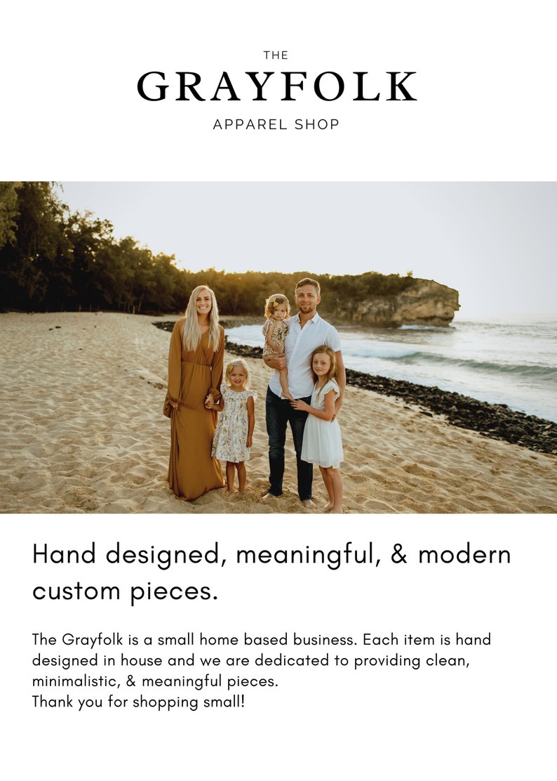 May include: A family of five stands on a sandy beach at sunset. The mother wears a long, mustard-colored dress. The father holds a young child. The text "THE GRAYFOLK APPAREL SHOP" is at the top of the image.