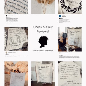 May include: A collage of images showcasing customer reviews for personalised blankets. The blankets feature handwritten messages and are made with a soft, cosy fabric. The reviews highlight the quality, craftsmanship, and sentimental value of the blankets.