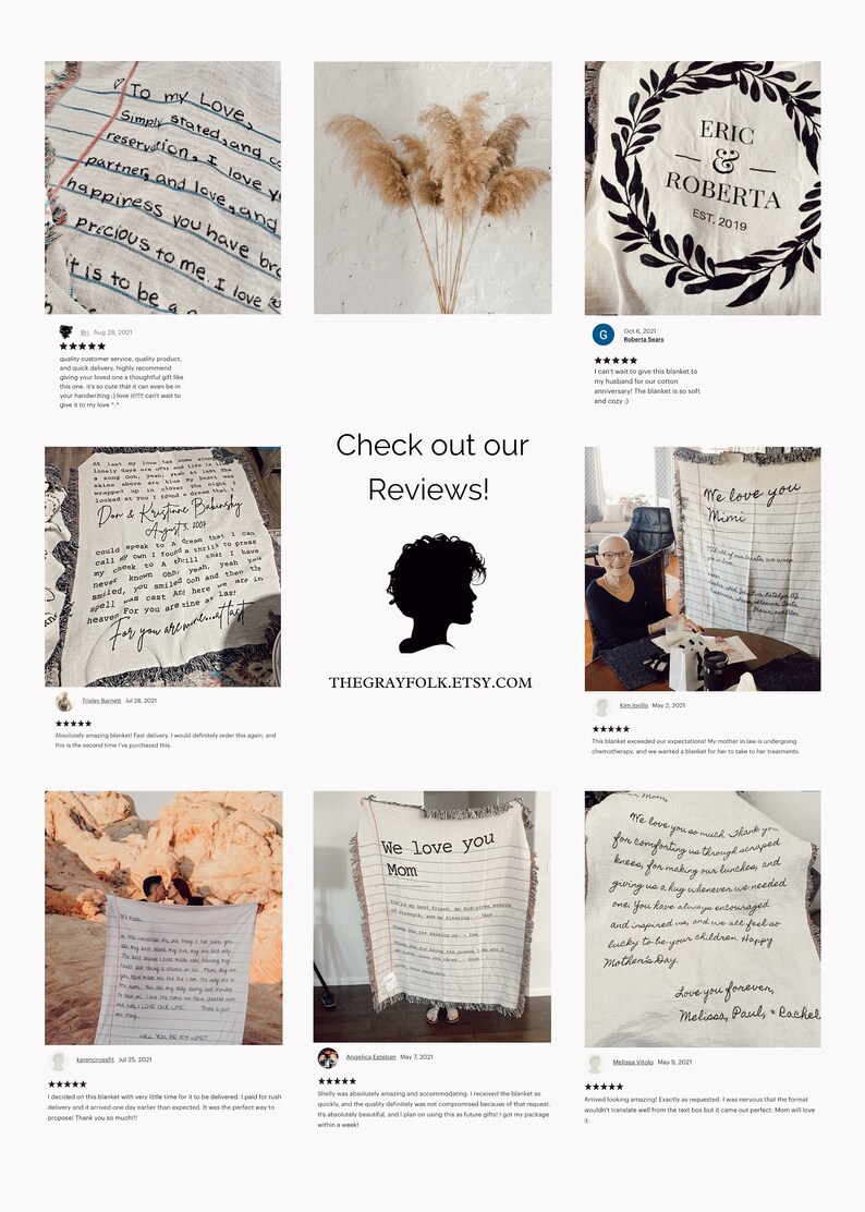 May include: A collage of images showcasing customer reviews for personalised blankets. The blankets feature handwritten messages and are made with a soft, cosy fabric. The reviews highlight the quality, craftsmanship, and sentimental value of the blankets.
