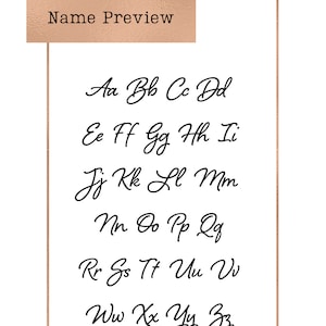 May include: A preview of a cursive font alphabet, showing each letter from A to Z in lowercase. The letters are written in a flowing, elegant style.