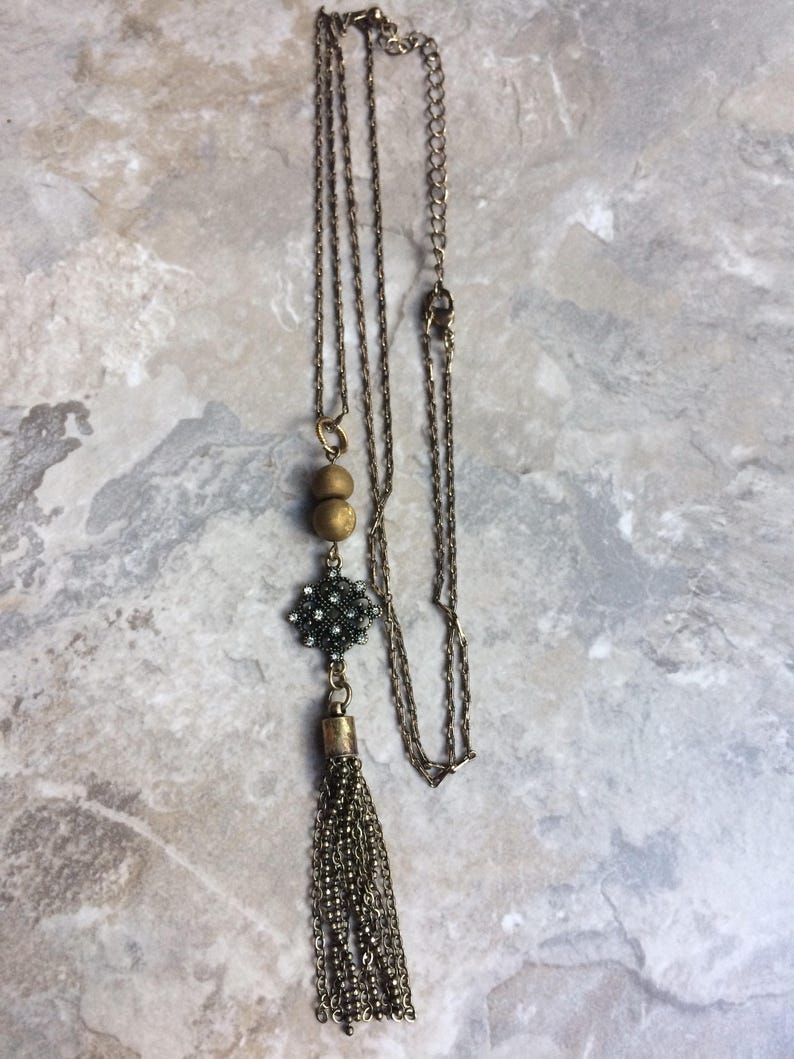 Antique brass tassel necklace with gold druzy accent beads | Etsy