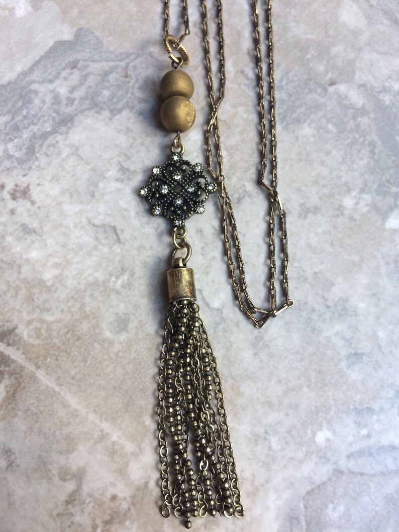 Antique brass tassel necklace with gold druzy accent beads | Etsy
