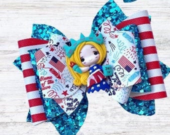 4th of July Glitter Bow with Clay Center - Lady Liberty