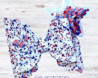 4th of July Glitter Bow - Glitter Flag with Puffy Heart